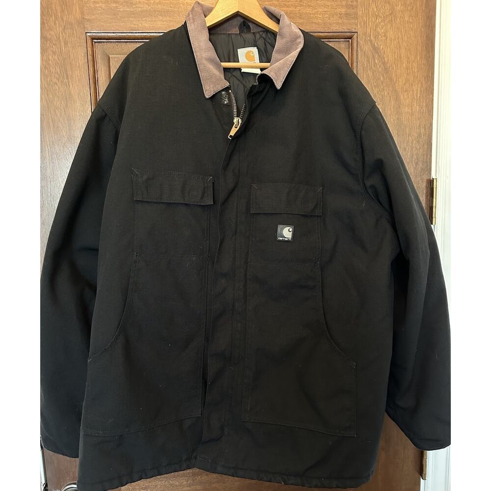 Vintage Carhartt Black‎ Union Made Work Duck Jacket Corduroy Collar Mens 52 XXL